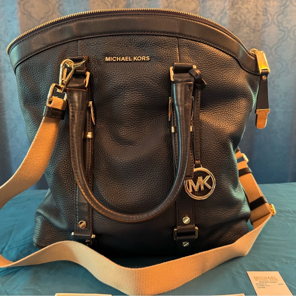 Michael Kors Navy Pebbled Leather Bag with Gold Accents